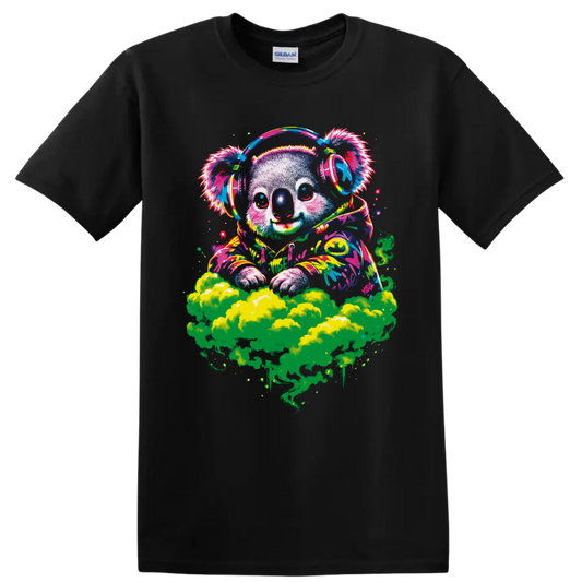 Psychedelic koala DJ in headphones and paint-splashed hoodie above green smoke on a Black T Shirt