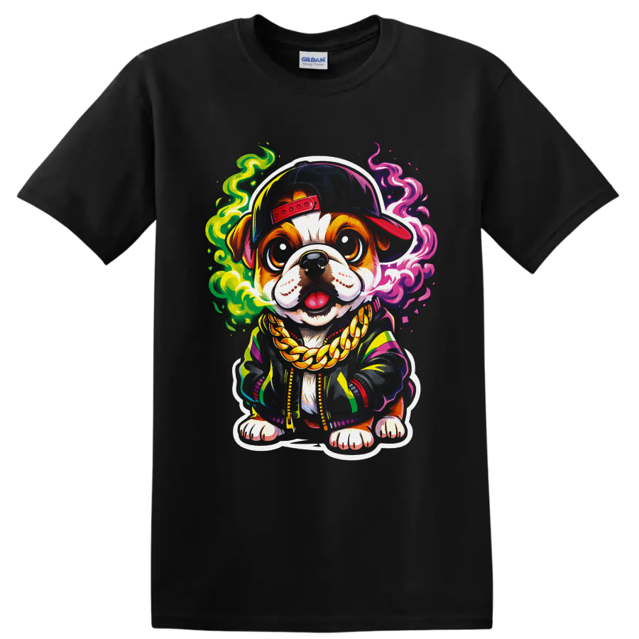 Cartoon dog in a backward cap and gold chain with colorful neon smoke on a Black T Shirt
