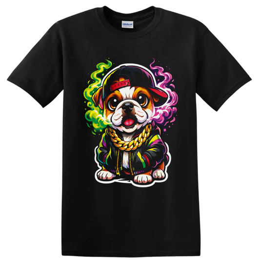 Cartoon dog in a backward cap and gold chain with colorful neon smoke on a Black T Shirt