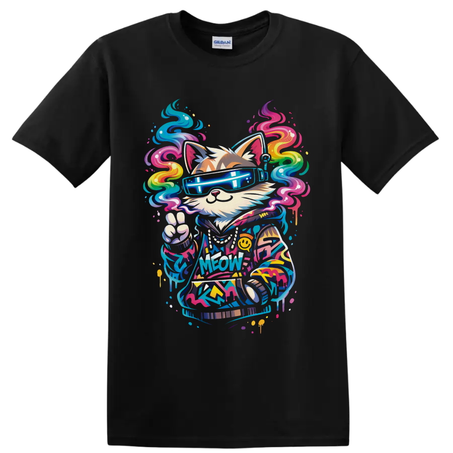 Graffiti-style cat DJ in neon visor shades with rainbow swirls and Meow text on a Black T Shirt