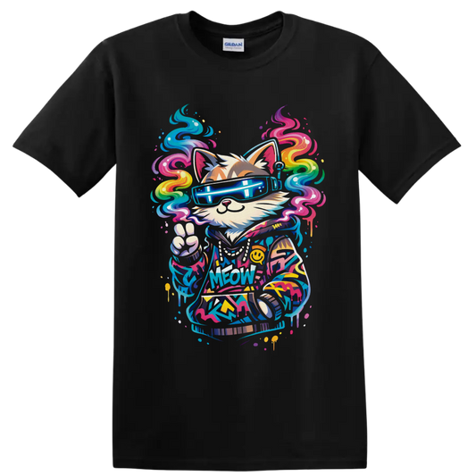 Graffiti-style cat DJ in neon visor shades with rainbow swirls and Meow text on a Black T Shirt