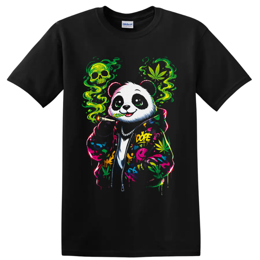 Graffiti panda in a paint-splashed hoodie with cannabis leaves, green smoke, and skull on a Black T Shirt