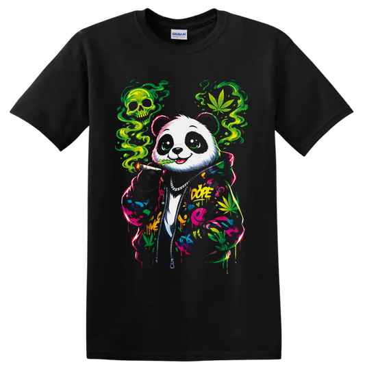 Graffiti panda in a paint-splashed hoodie with cannabis leaves, green smoke, and skull on a Black T Shirt