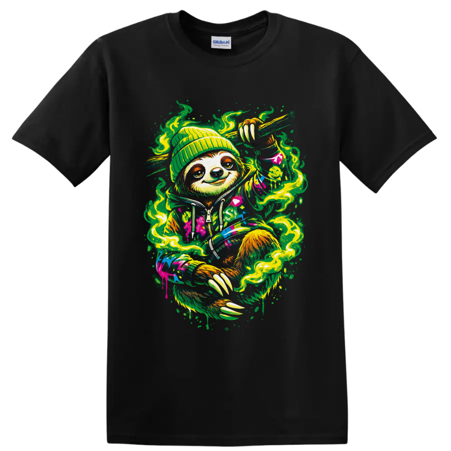 Psychedelic beanie-wearing sloth with green smoke swirls and colorful street-art splatter on a Black T Shirt