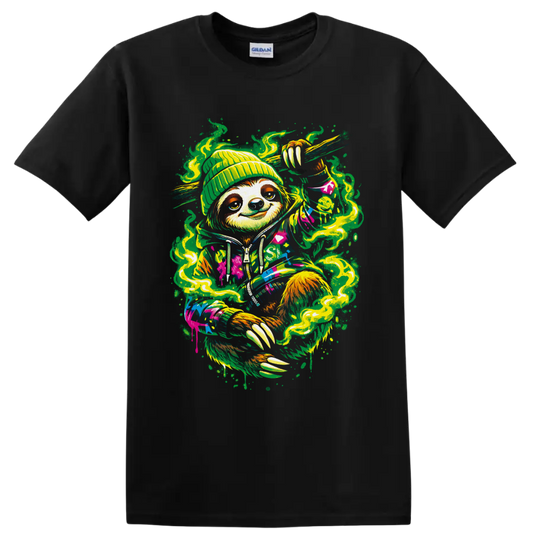 Psychedelic beanie-wearing sloth with green smoke swirls and colorful street-art splatter on a Black T Shirt