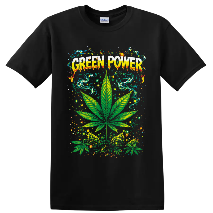 Green Power psychedelic cannabis leaf graphic with swirling smoke and sparkling stars on a Black T Shirt