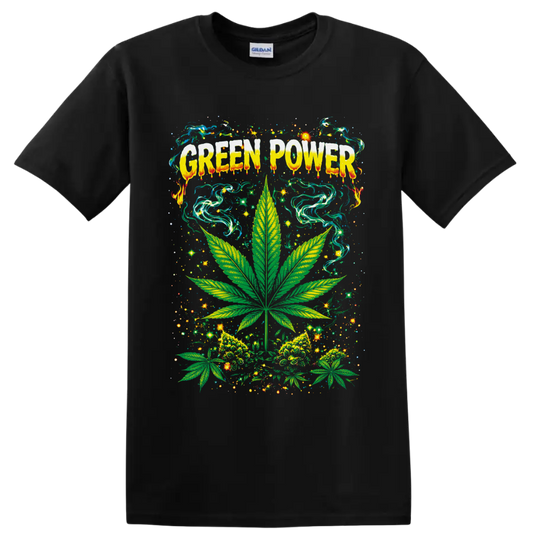 Green Power psychedelic cannabis leaf graphic with swirling smoke and sparkling stars on a Black T Shirt