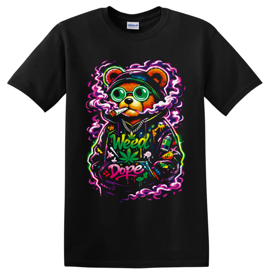 Cartoon cannabis bear with neon smoke, leaves, mushrooms, and Weed Dope graffiti on a Black T Shirt