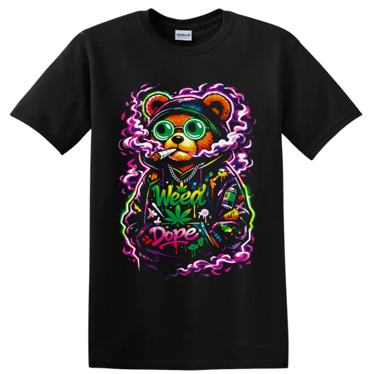 Cartoon cannabis bear with neon smoke, leaves, mushrooms, and Weed Dope graffiti on a Black T Shirt