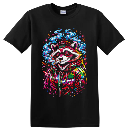Psychedelic cannabis raccoon in cap and hoodie with swirling smoke and leaf on a Black T Shirt