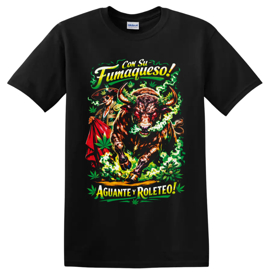 Charging bull and matador with cannabis leaves, green smoke, and Spanish-style lettering on a Black T Shirt