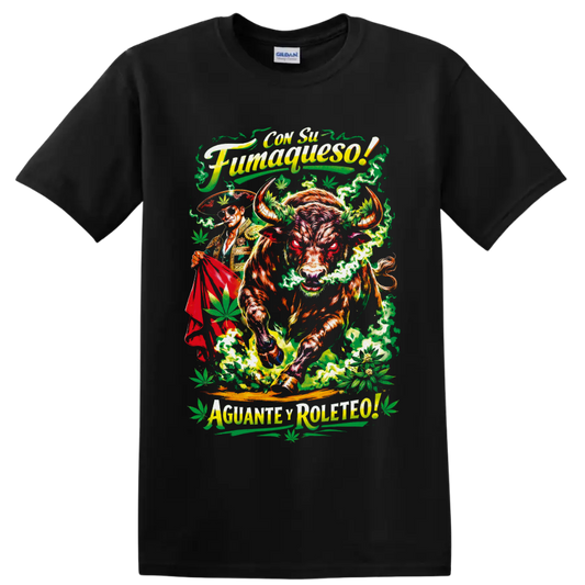 Charging bull and matador with cannabis leaves, green smoke, and Spanish-style lettering on a Black T Shirt