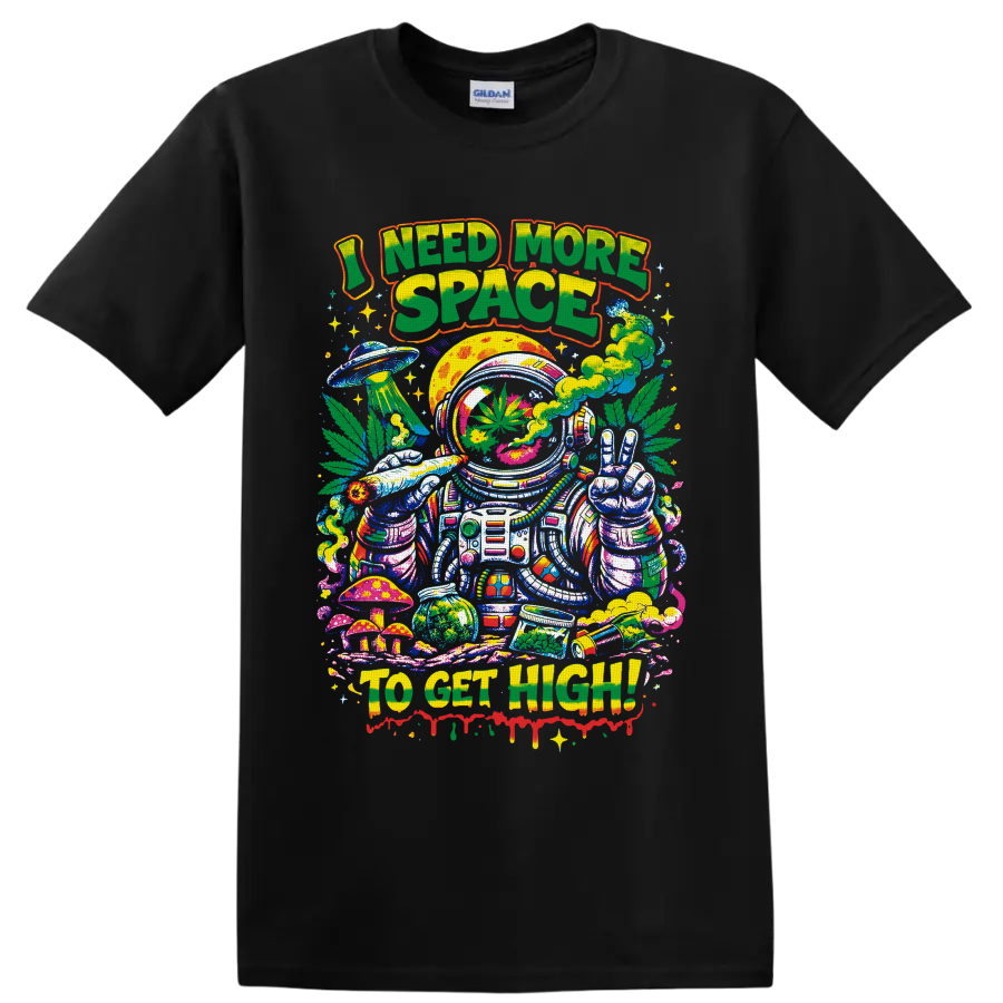 Psychedelic cannabis astronaut with peace sign, UFO, mushrooms, and I Need More Space text on a Black T Shirt