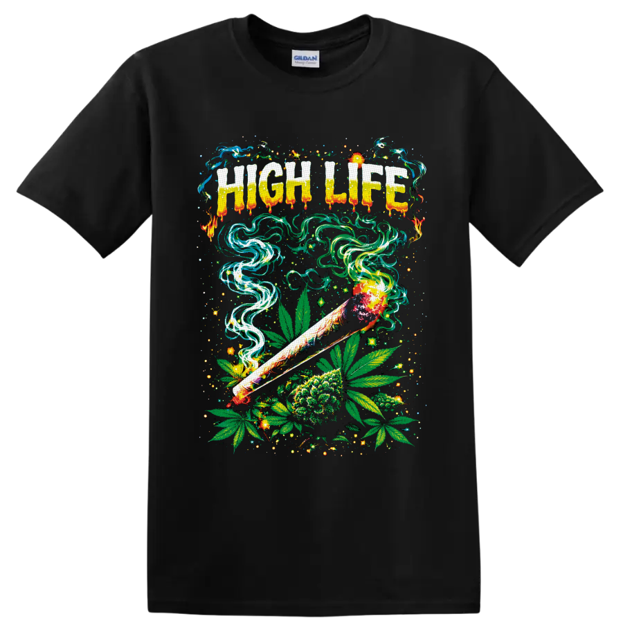 High Life psychedelic cannabis graphic with rolled smoke, leaves, flower, and neon swirls on a Black T Shirt