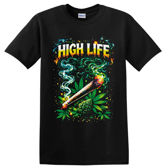 High Life psychedelic cannabis graphic with rolled smoke, leaves, flower, and neon swirls on a Black T Shirt