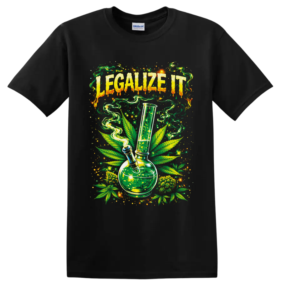 Legalize It psychedelic cannabis bong graphic with leaves, smoke, and starbursts on a Black T Shirt
