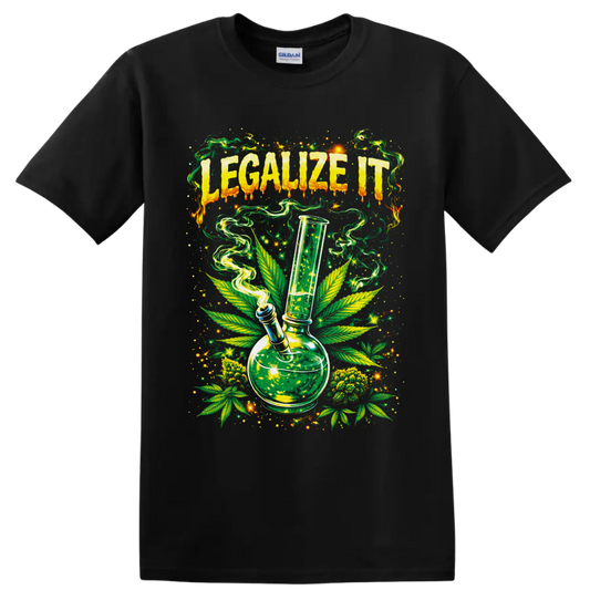 Legalize It psychedelic cannabis bong graphic with leaves, smoke, and starbursts on a Black T Shirt