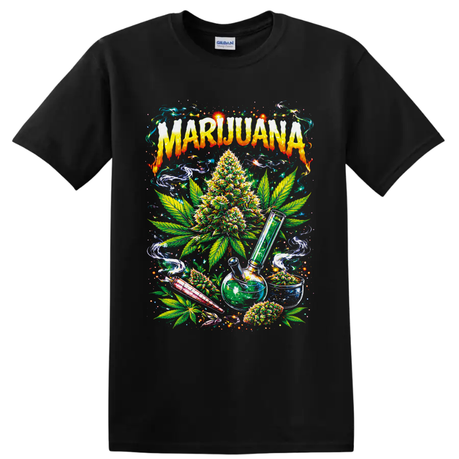 Psychedelic marijuana plant, leaves, glass water pipe, smoke swirls, and MARIJUANA text on a Black T Shirt