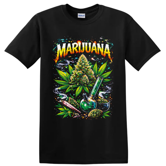 Psychedelic marijuana plant, leaves, glass water pipe, smoke swirls, and MARIJUANA text on a Black T Shirt