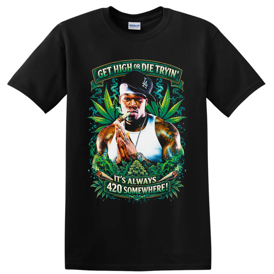 Stoner portrait with cannabis leaves, smoke, and It's Always 420 Somewhere banners on a Black T Shirt