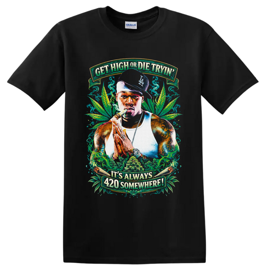 Stoner portrait with cannabis leaves, smoke, and It's Always 420 Somewhere banners on a Black T Shirt