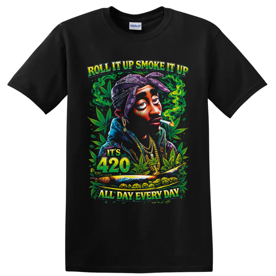 Psychedelic 420 smoker portrait with cannabis leaves and All Day Everyday text on a Black T Shirt