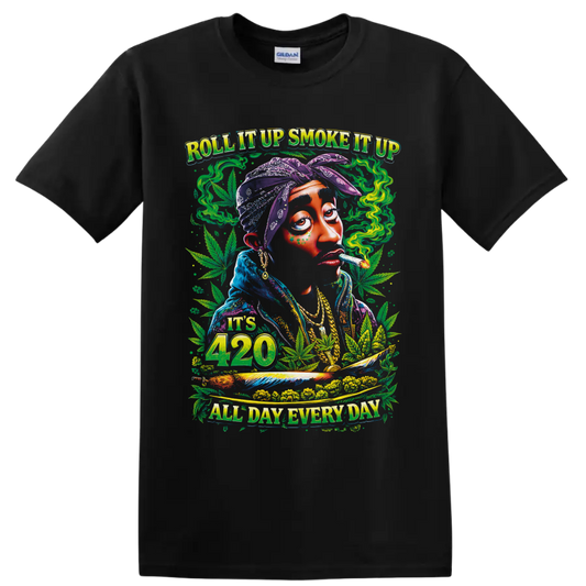 Psychedelic 420 smoker portrait with cannabis leaves and All Day Everyday text on a Black T Shirt