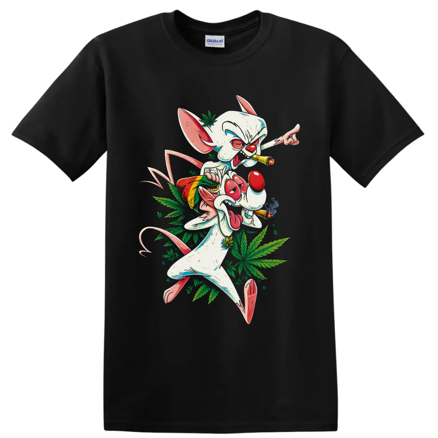 Pinky cartoon mouse smoking joints with snack bag and cannabis leaf graphic on a Black T Shirt