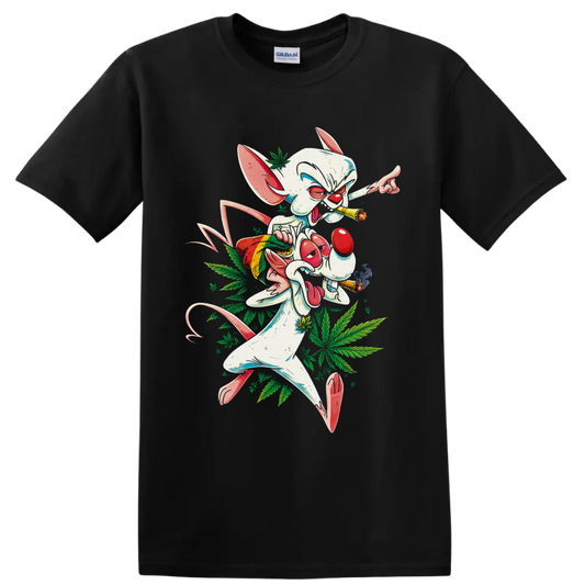 Pinky cartoon mouse smoking joints with snack bag and cannabis leaf graphic on a Black T Shirt