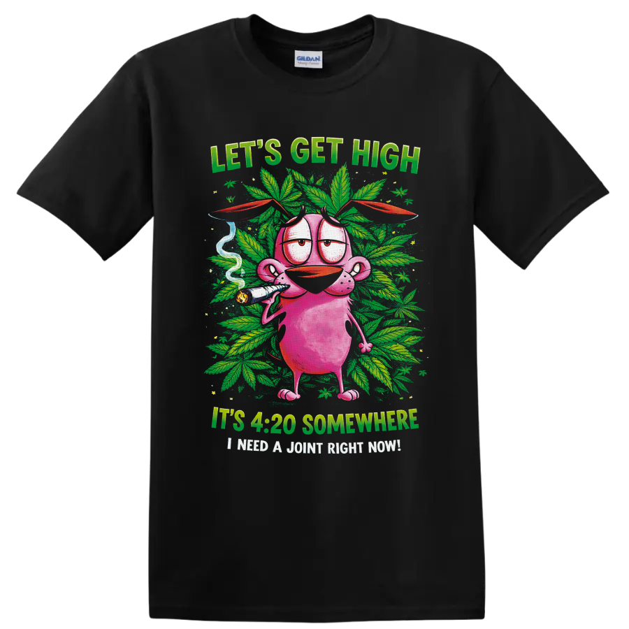 Pink cartoon character holding a joint amid cannabis leaves and 420 slogans on a Black T Shirt