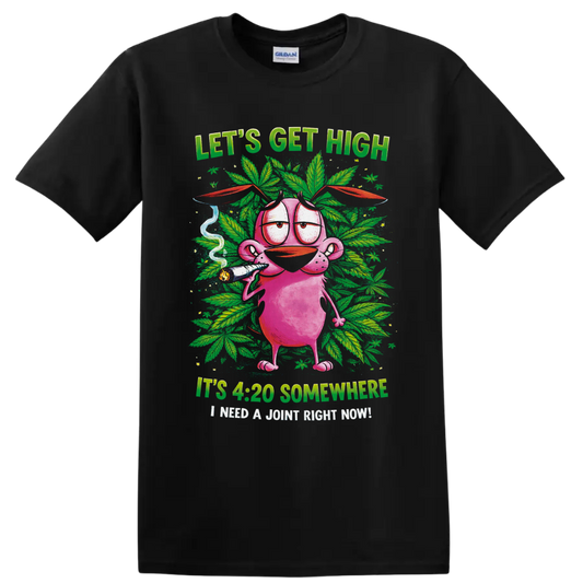 Pink cartoon character holding a joint amid cannabis leaves and 420 slogans on a Black T Shirt