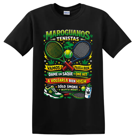 Retro cannabis tennis graphic with crossed rackets, ball, leaves, and Spanish wordplay on a Black T Shirt