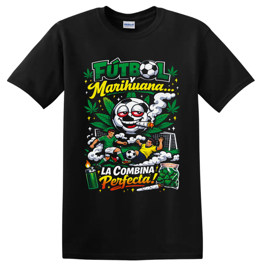 Smoking cartoon soccer ball with cannabis leaves, players, and Futbol y Marihuana text on a Black T Shirt