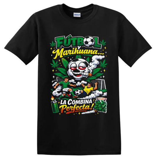 Smoking cartoon soccer ball with cannabis leaves, players, and Futbol y Marihuana text on a Black T Shirt