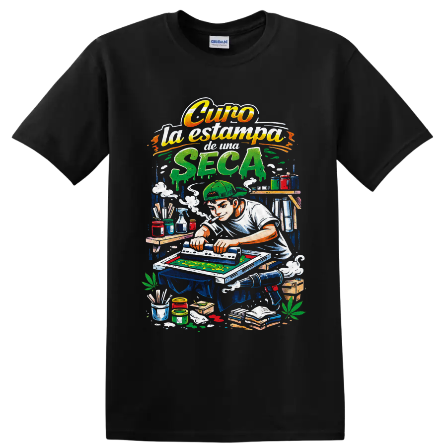 Retro cannabis screen printer illustration with squeegee, inks, smoke, and leafy accents on a Black T Shirt