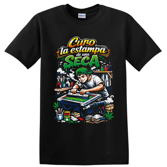 Retro cannabis screen printer illustration with squeegee, inks, smoke, and leafy accents on a Black T Shirt