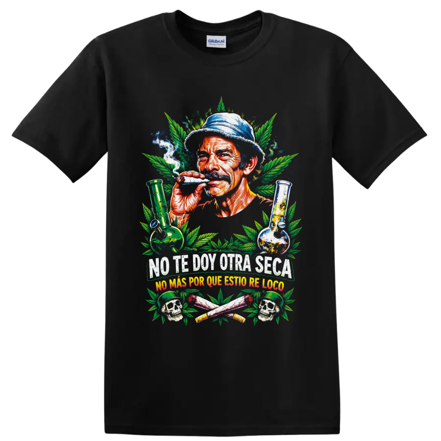 Smoking man with cannabis leaves, glass bongs, skulls, and Spanish slogans graphic on a Black T Shirt