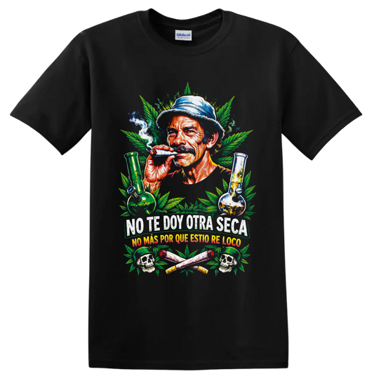 Smoking man with cannabis leaves, glass bongs, skulls, and Spanish slogans graphic on a Black T Shirt