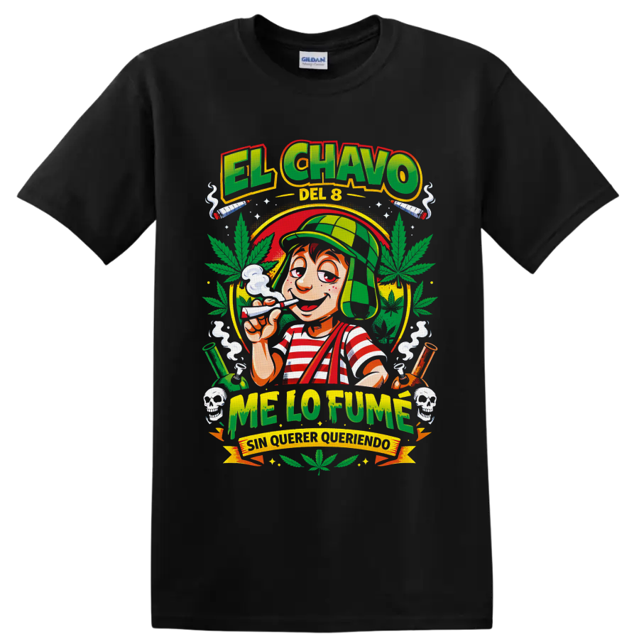El Chavo del 8 cartoon with cannabis leaves, pipes, smoke, and Me Lo Fumé text on a Black T Shirt