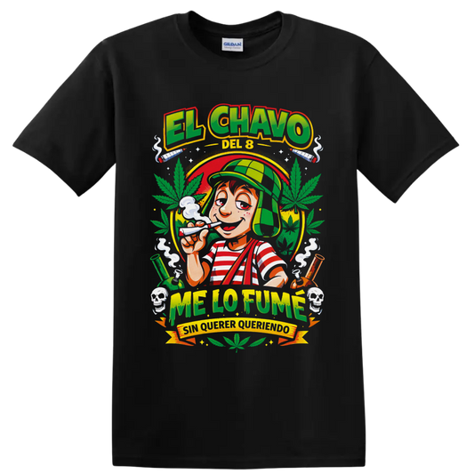 El Chavo del 8 cartoon with cannabis leaves, pipes, smoke, and Me Lo Fumé text on a Black T Shirt