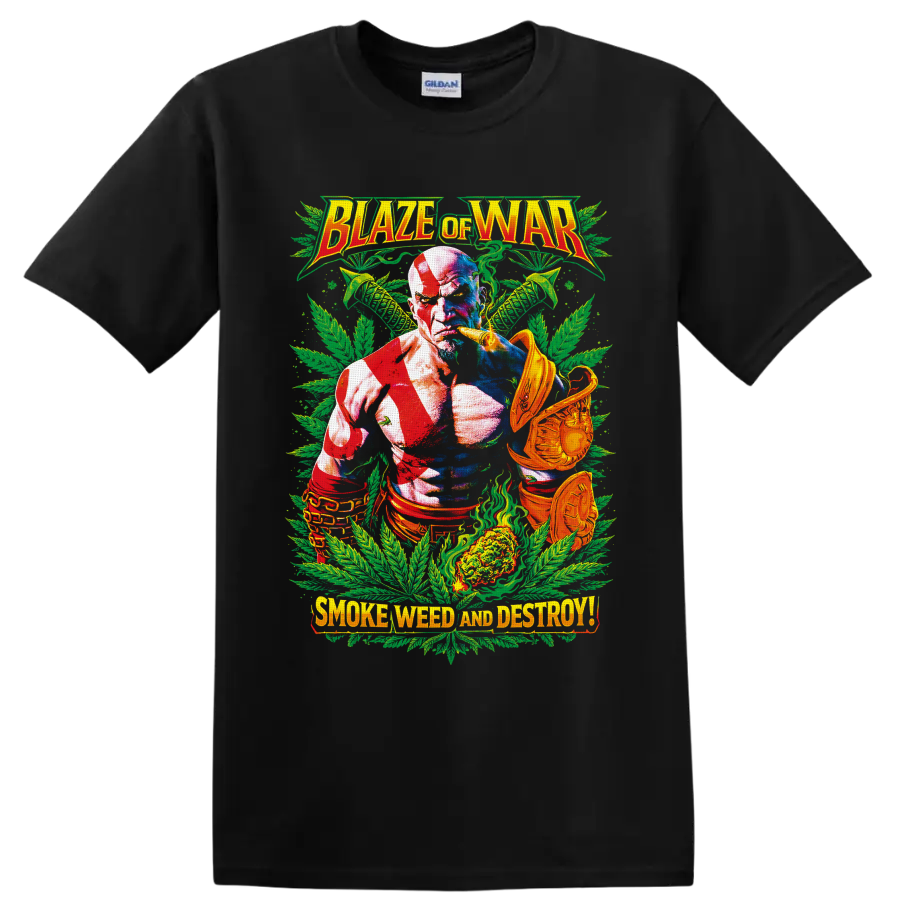 Kratos cannabis warrior graphic with green leaves and Blaze of War text on a Black T Shirt