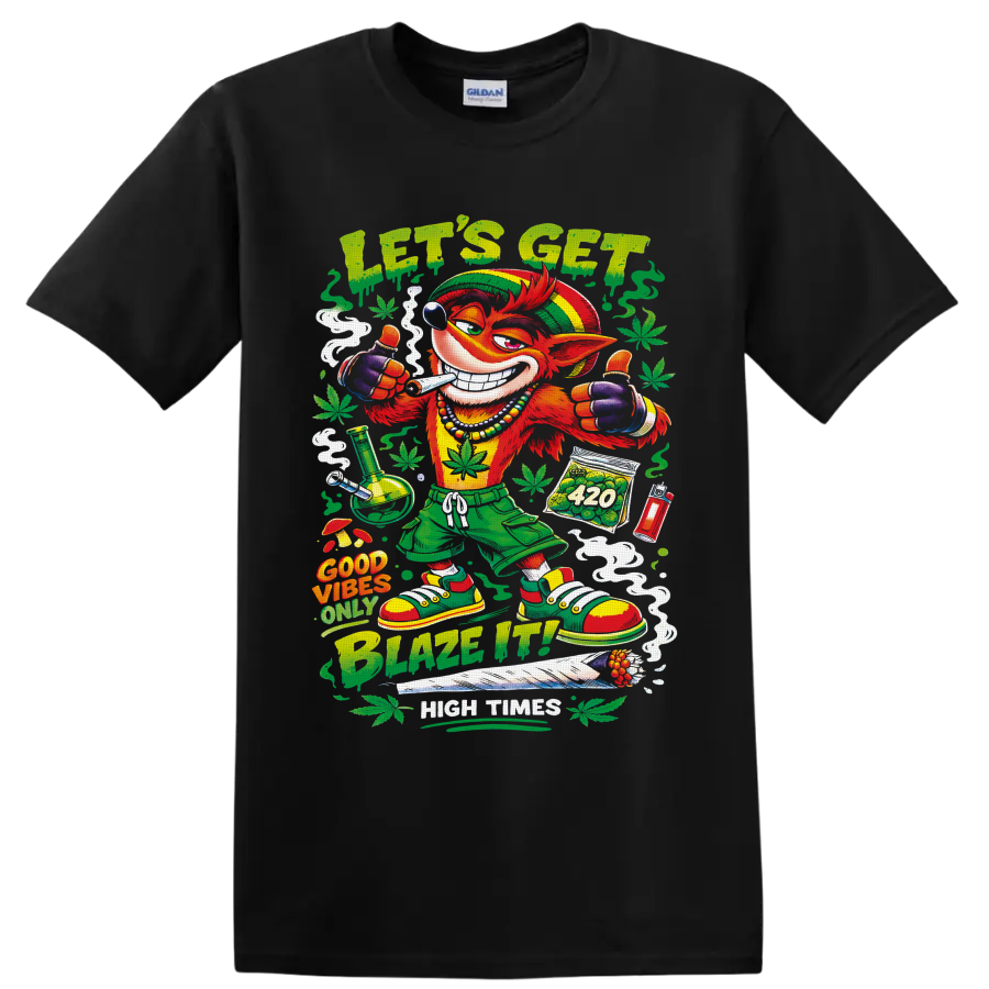 Crash Bandicoot-inspired retro 420 cartoon with Let's Get Blazed text and cannabis leaves on a Black T Shirt