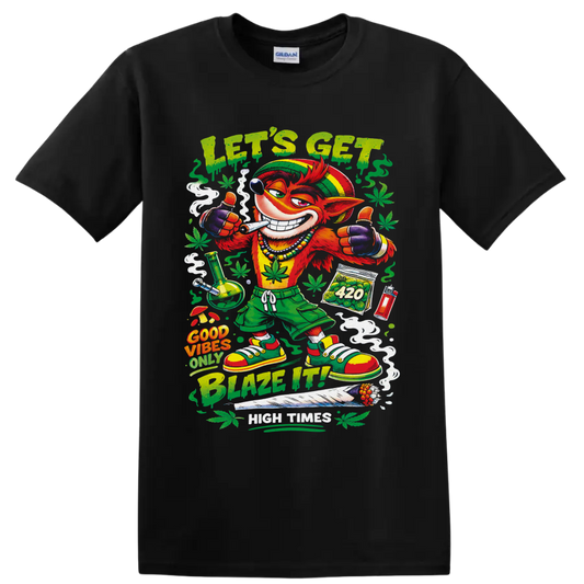 Crash Bandicoot-inspired retro 420 cartoon with Let's Get Blazed text and cannabis leaves on a Black T Shirt