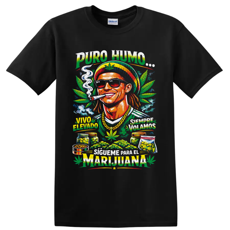 Colorful 420 cannabis graphic with smiling smoker, sunglasses, leaves, and Spanish on a Black T Shirt