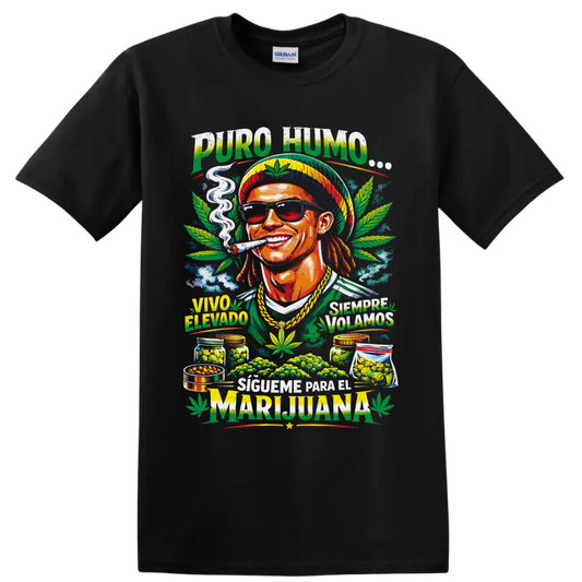 Colorful 420 cannabis graphic with smiling smoker, sunglasses, leaves, and Spanish on a Black T Shirt
