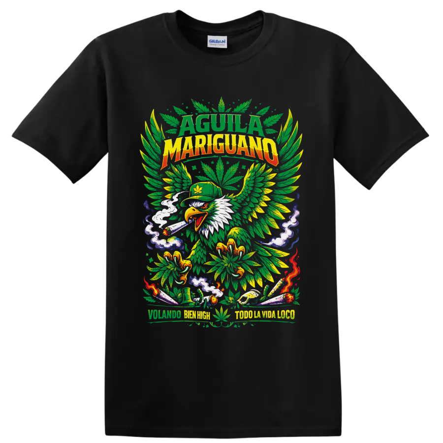 Cannabis eagle with leaf wings, lit rolled smoke, and psychedelic 420 artwork on a Black T Shirt