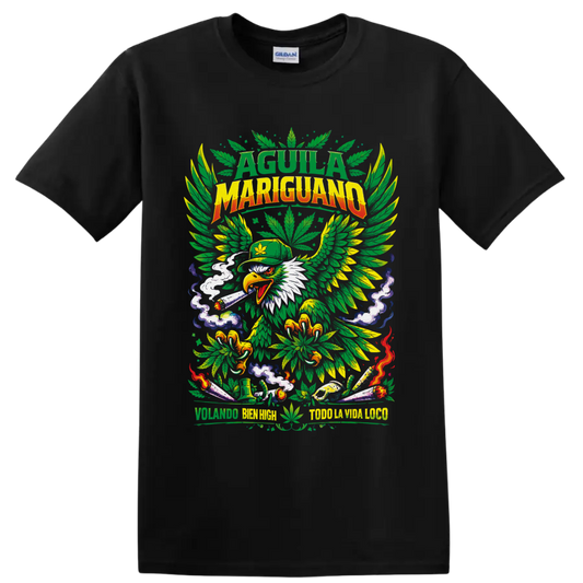 Cannabis eagle with leaf wings, lit rolled smoke, and psychedelic 420 artwork on a Black T Shirt