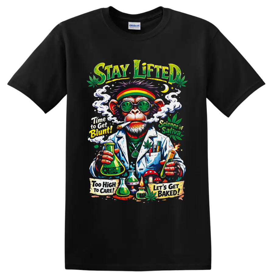 Psychedelic cannabis ape scientist graphic with leaf glasses, smoke, and lab glassware on a Black T Shirt