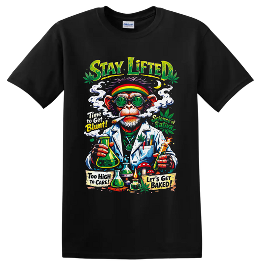 Psychedelic cannabis ape scientist graphic with leaf glasses, smoke, and lab glassware on a Black T Shirt