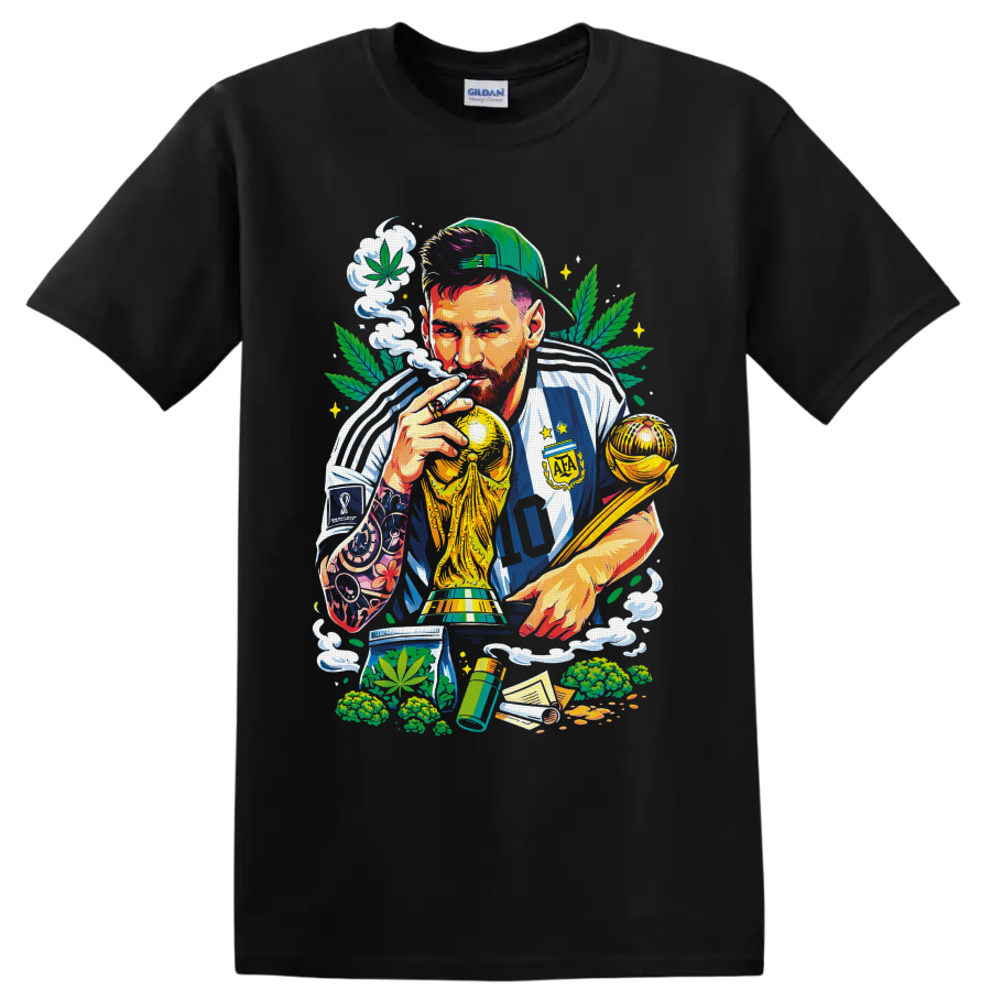 Colorful number 10 soccer champion with gold trophies, cannabis leaves, and smoke on a Black T Shirt